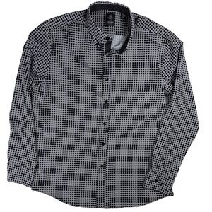 Michael Strahan Mens Modern Fit Geometric Grid Button Down Shirt Black White L